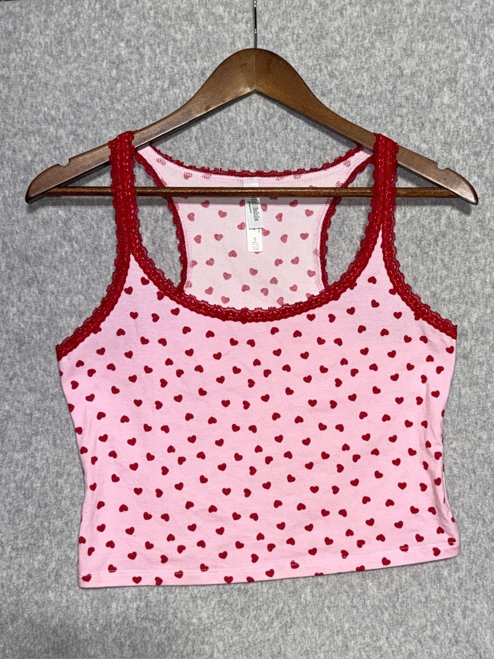 wild fable Pink Tank Top with Red Heart Print & Crochet Trim